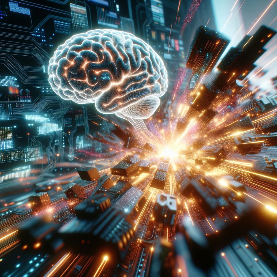 AI brain visualization showing neural networks and digital consciousness merging with technology